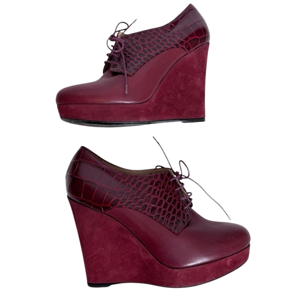 Longchamp Oxblood Wedge Heel Lace Up Shoes Size EU 36